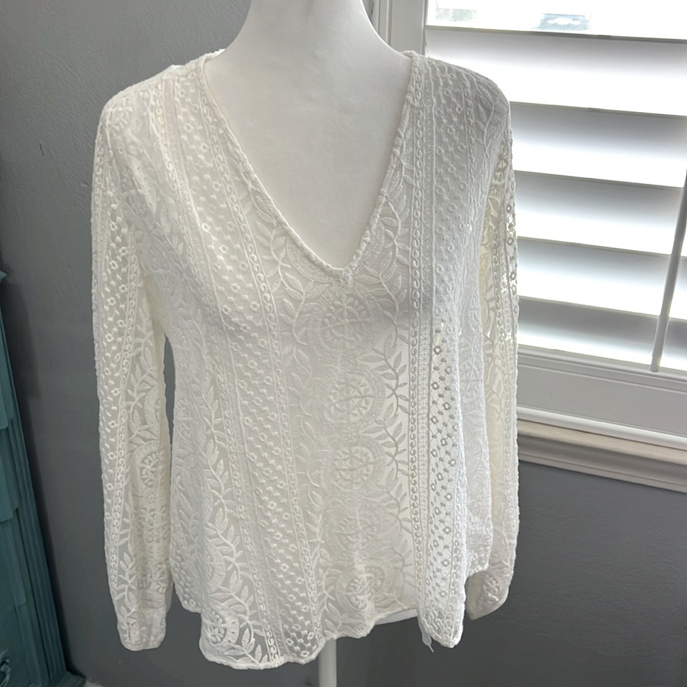 Theory Women's Bernetta Colemore Sheer Lace Crochet Silk Blouse white Med